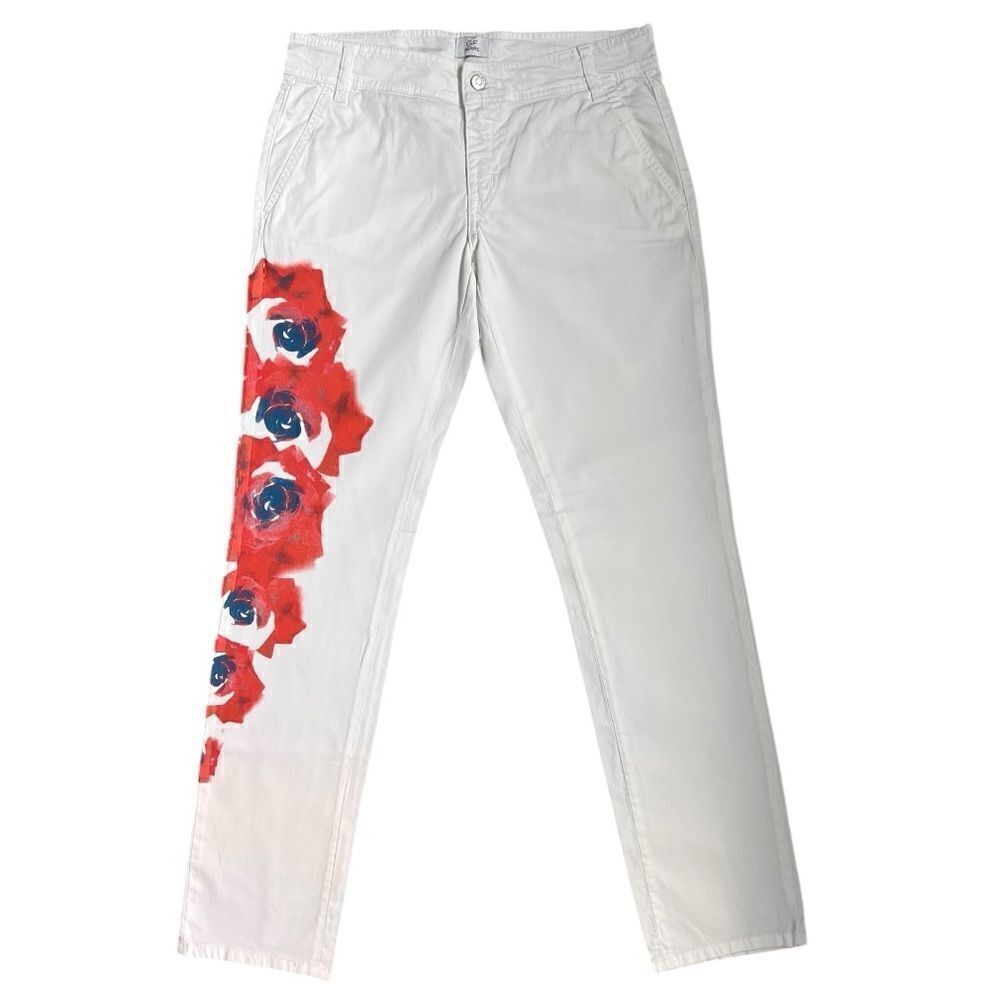 GIANN FRANCO FERRE White Floral Printed Lightweight Mid Rise Women Pants Size M